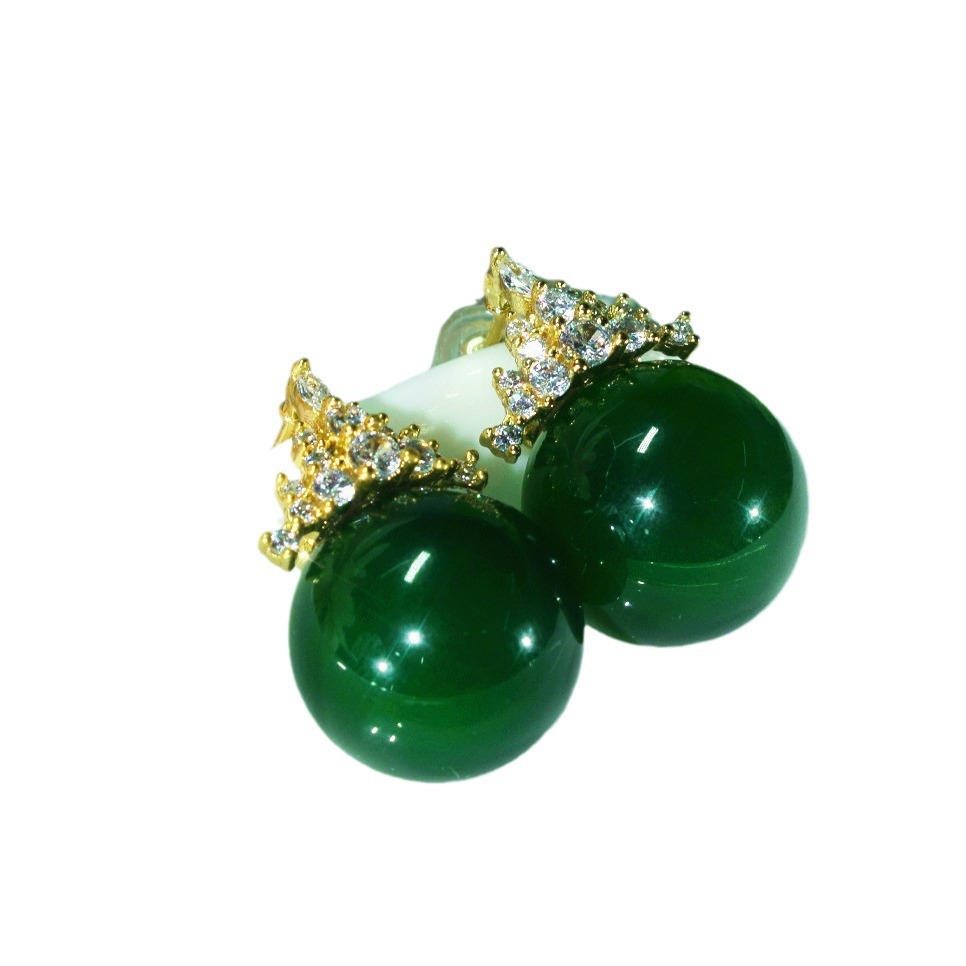 high quality round natural green chalcedony earrings Joker classic green chalcedony earrings factory wholesale fashion new