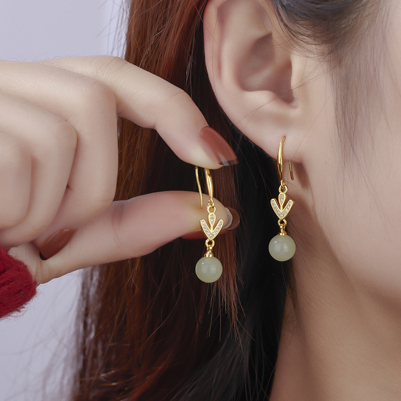 2023 New temperament inlaid zircon leaf ear hook hanging Hetian Jade round beads vintage earrings earrings wholesale