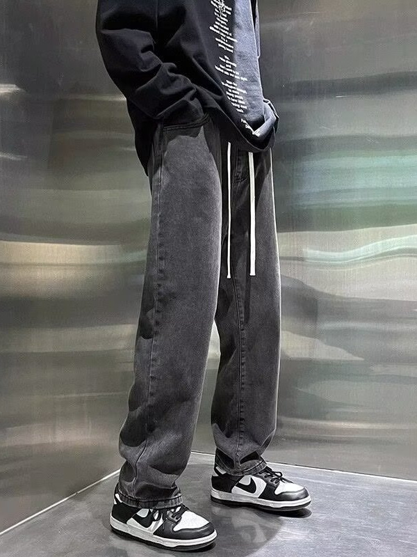 Elasticated Waist Jeans Men's Summer New Loose Straight Wide Leg Trousers Fashionable Brand Retro Casual Pants for Boys