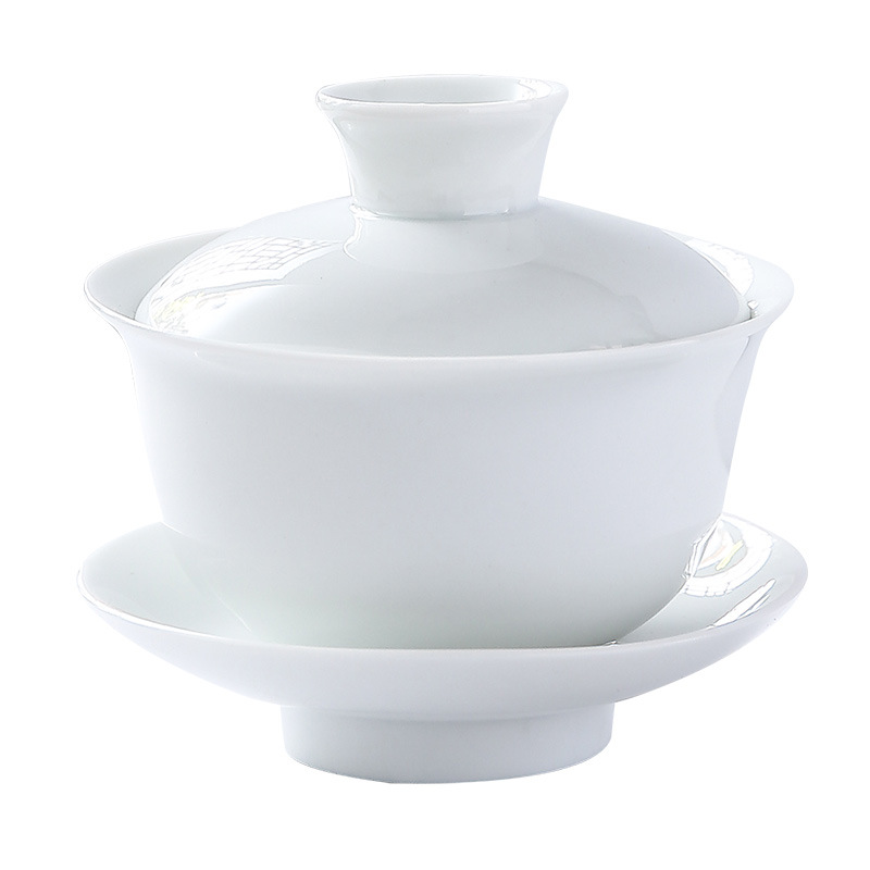 Wholesale White Porcelain Sancai Bowl Ercai Kung Fu Tea Set Large, Medium and Small Pure White Household Tea Bowl Ceramic Tea Cup