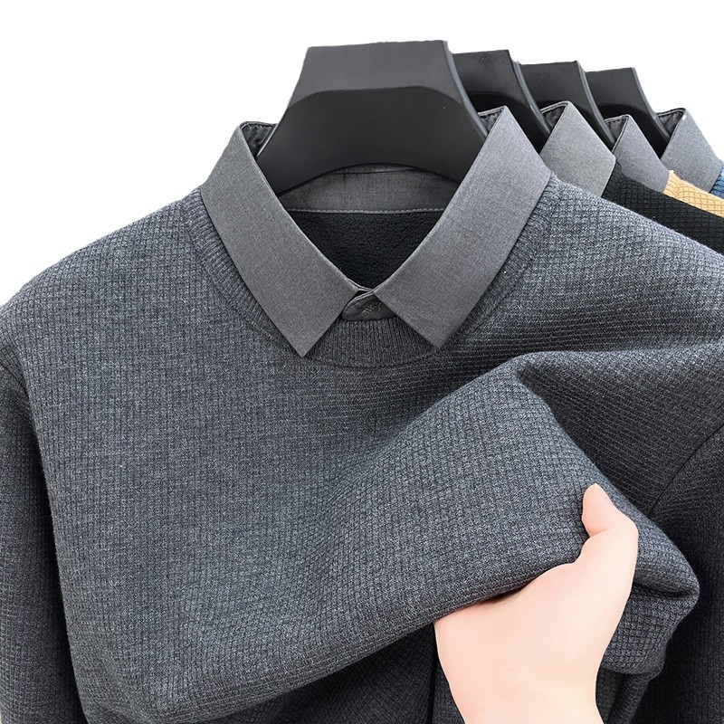 Men's Winter fleece-lined Thickened Waffle Fake Two-piece Sweater Men's Fashion Korean-style Casual Base Sweater Shirt