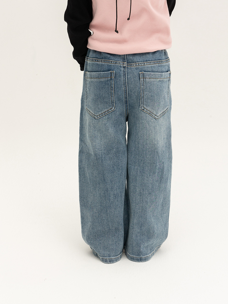 2025 Spring New Children's Jeans Boys and Girls Korean Style Wide Leg Pants Easiest for Match Brushed Straight-Leg Pants Casual Dad Pants
