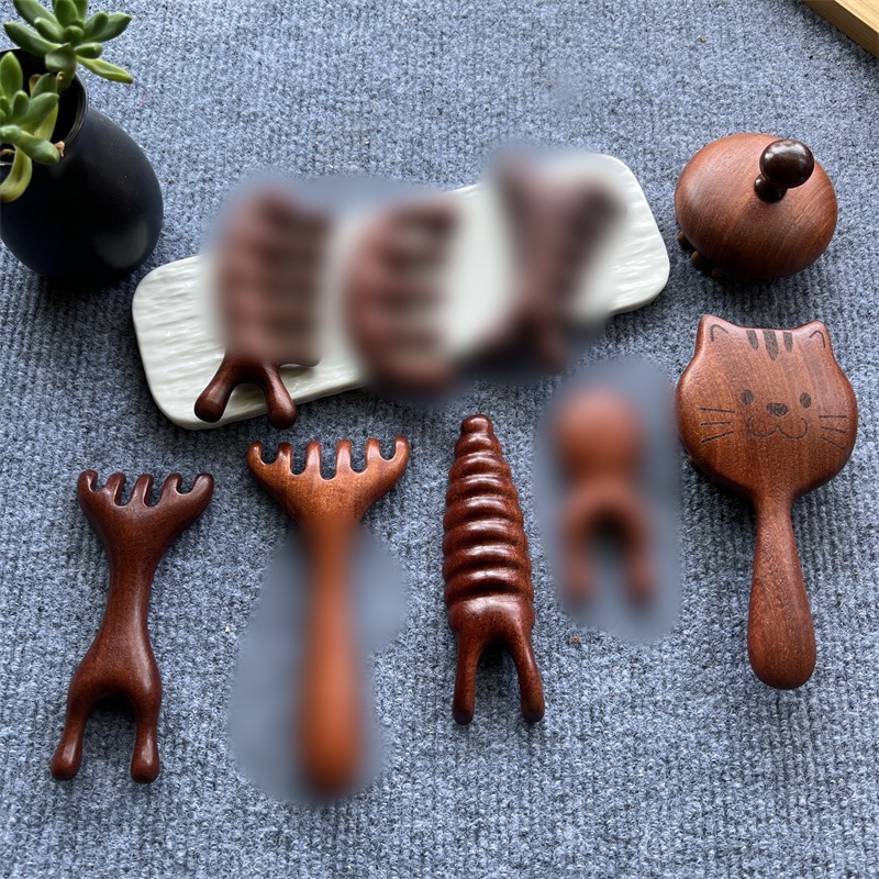 Sandalwood Massage Comb, Antler Dual-Purpose Rake, Five-Ball Comb, Seahorse Frog Meridian Massage Solid Wood Comb, Nose Scraper