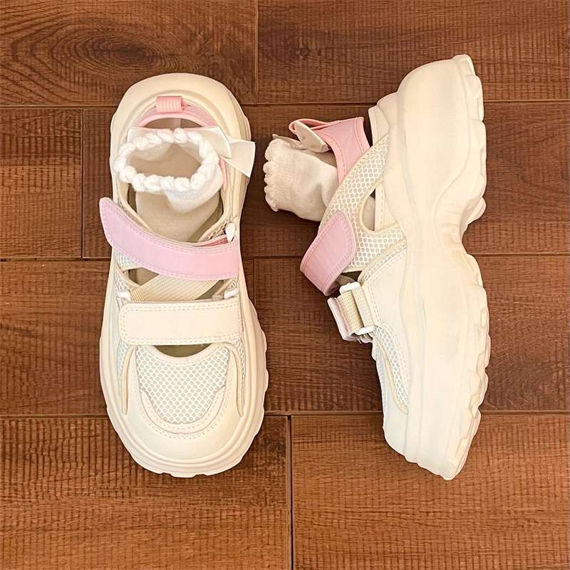 Papsl2025 New Versatile Mesh Bread-Toe Sports Sandals Showing Feet Small Thick-Soled Lightweight Cut Out White Sandals