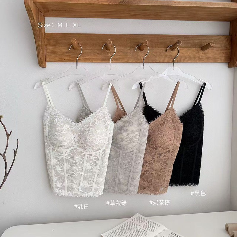 Pure Desire Retro Floral Vest Bra Belt Chest Pad Beautiful Back Underwear V-Neck Light Luxury Vest Line Lace Sling Cross-border