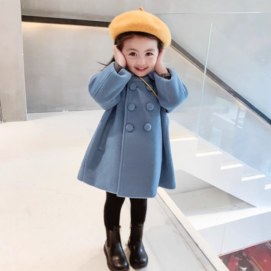 Korean Style Fashionable Children's Coat Winter Mid-Length Girls' Padded Thick Double-Breasted Woolen Coat Wholesale