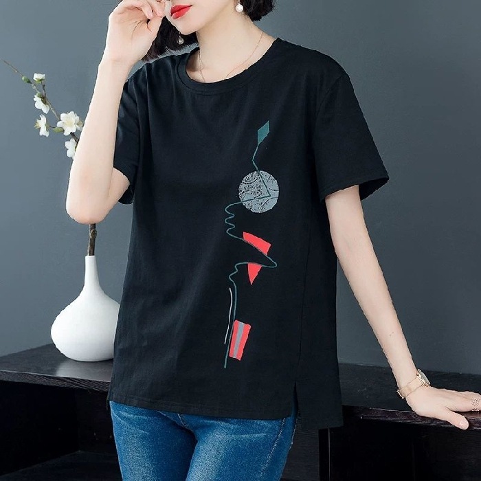 New Summer chubby girl Shirt Short-sleeved Mom T-shirt Loose plus size Shirt Women's Summer 2025 New Loose Printed Top