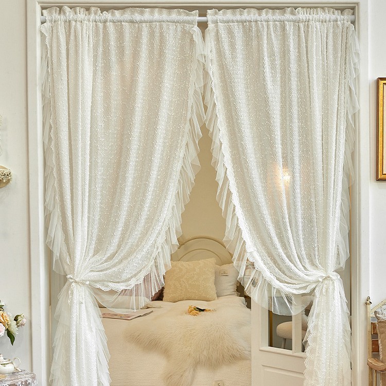 Chanel-Style Solid Color Lace Sheer Curtain, No-Drill Magic Tape Bedroom Bay Window High-End Partition Door Curtain with Rod