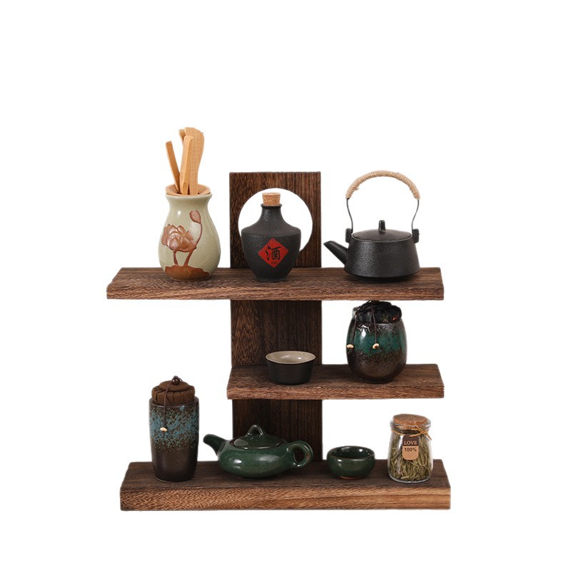 Antique Rack Small Multi-layer Desktop Solid Wood Vintage Tea Set Ornaments Household Tea Cup Rack Teapot Rack Display