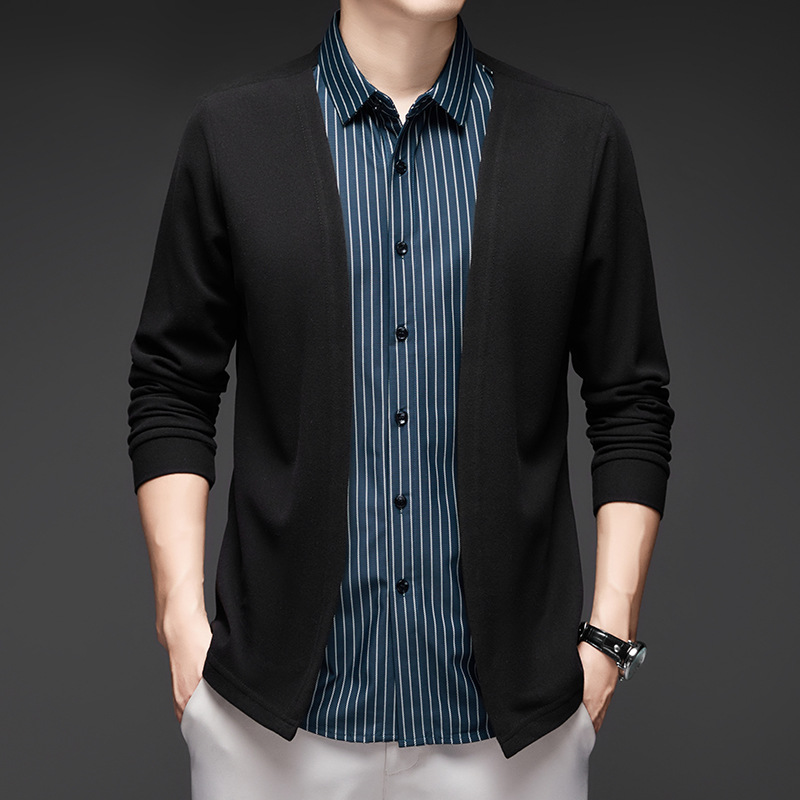 Men's Shirt Collar Fake Two-piece Autumn New Fashion Men's Long-sleeved Two-piece Set Middle-aged Casual Jacket Cardigan Men