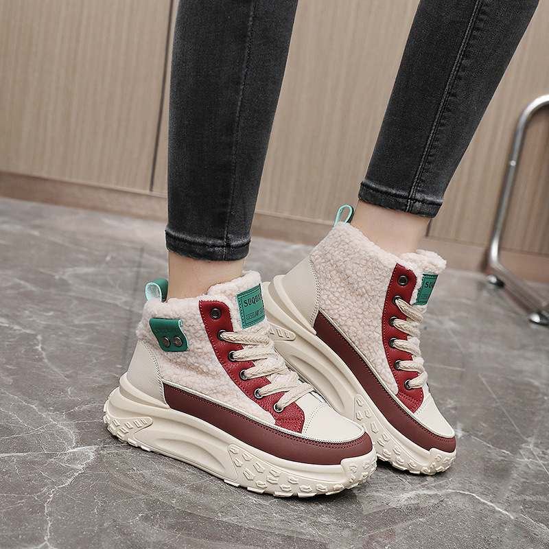 K6701 new 2023 winter high-top women's shoes fleece-lined cotton shoes warm lamb velvet thick bottom increased Korean ins students