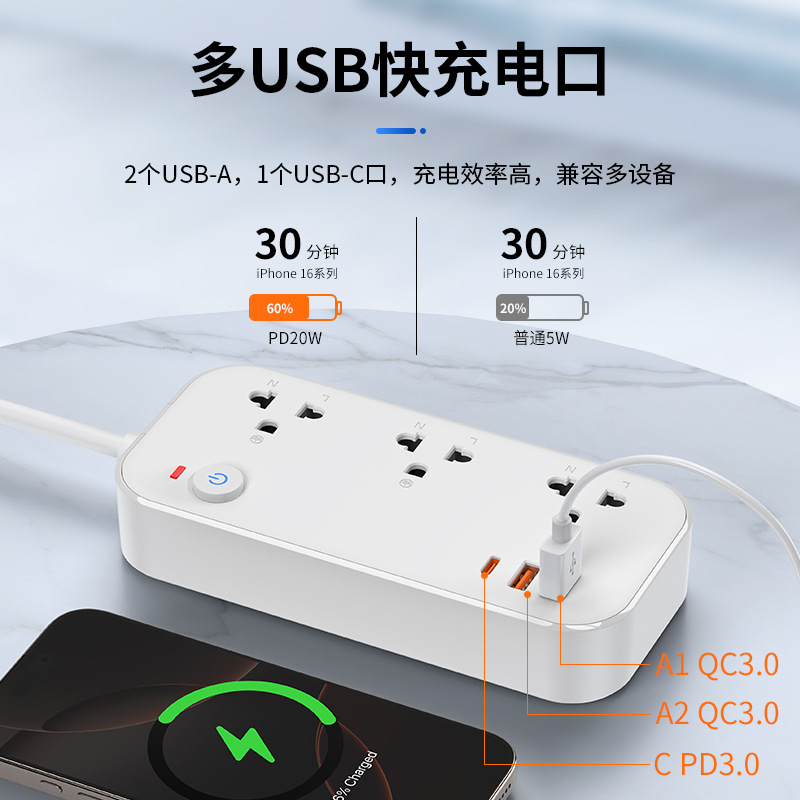Thai Standard Plug-In Pd20W Fast Charging Smart Plug-In Home Office Multi-Function Socket 2200W10A Plug-In Board