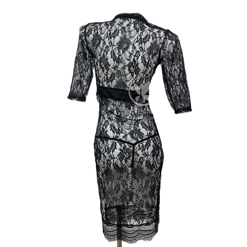 Floral Sea Sexy Lingerie Lace Mesh Dress Deep V Low-Cut Strap Nightgown Home Sleepwear Plus Size A038