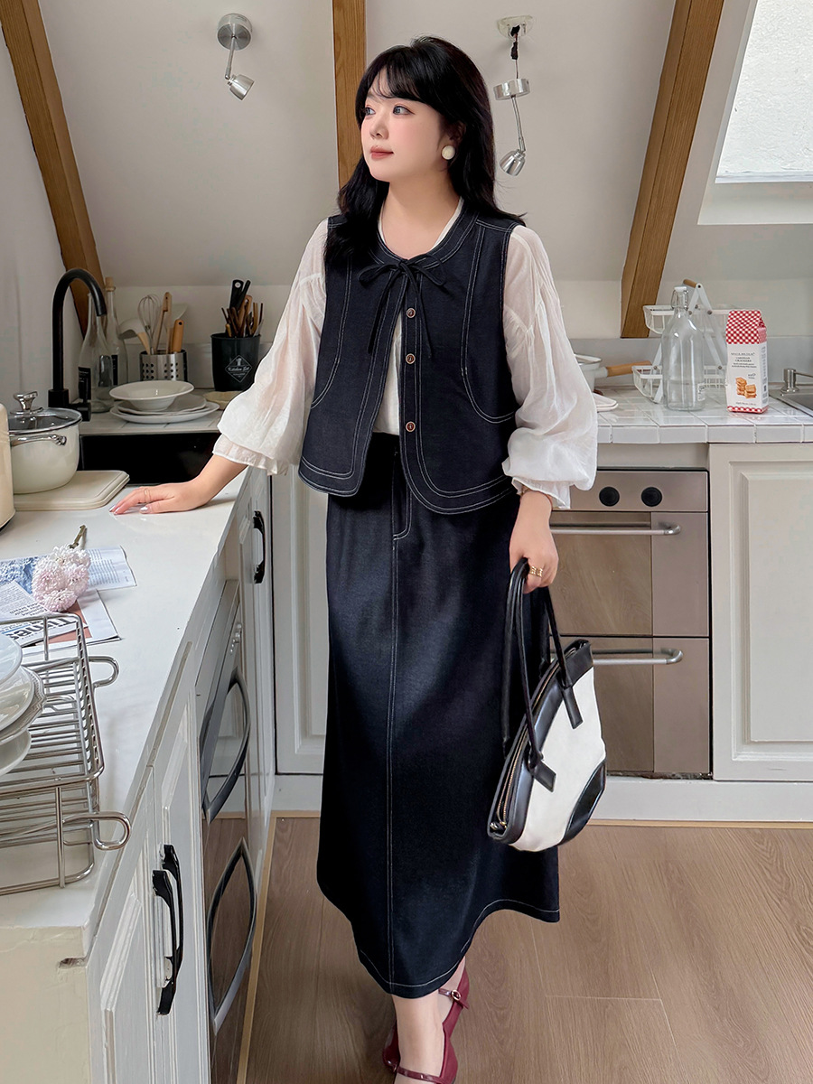 Enoch plus size Women's Wear Japanese Vintage Salt Denim Vest High Waist A Long Skirt suit 132040