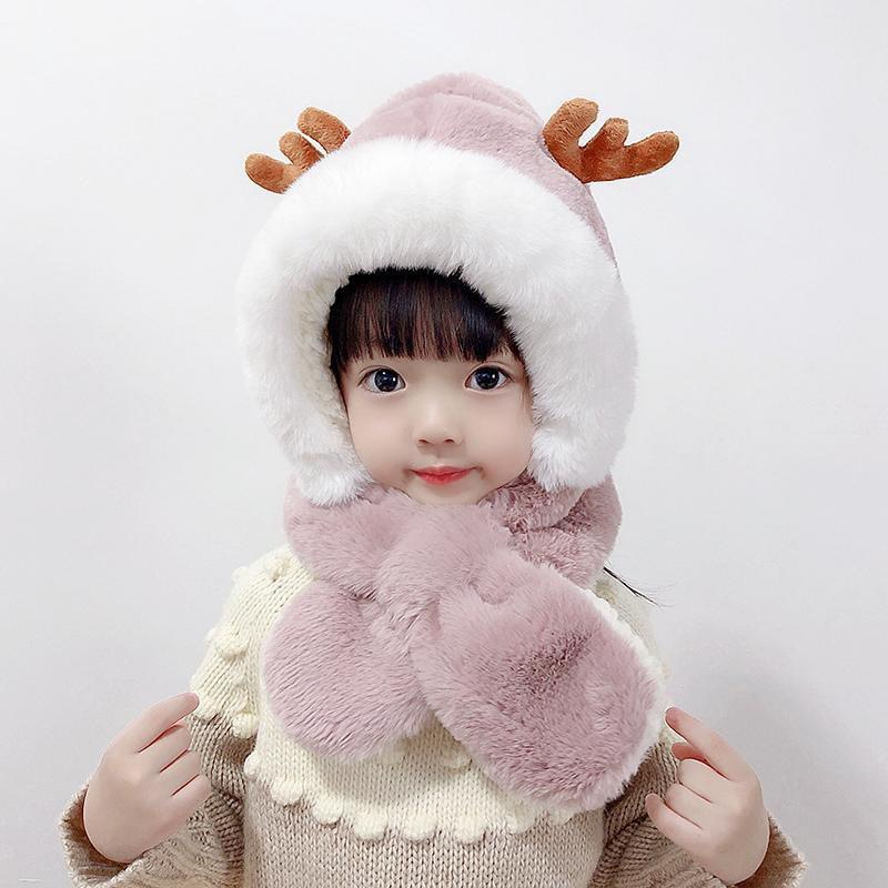 New Winter Kidsren's Hat and Scarf All-In-One Warm and Versatile Plush Cute Baby Antler Ear Protection Hat for Boys and Girls