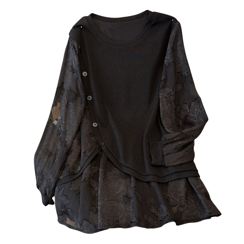 Bust 150 extra-large size women's clothing chubby girl plus fat increase autumn new fashion fake two-piece stitching base shirt T-shirt