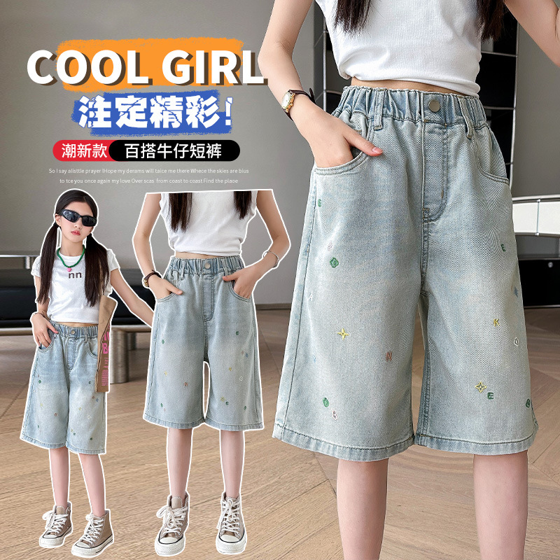 Джинсовые шорты для девочек Западный стиль Лето 2025 Новые детские брюки С вышивкой цветов