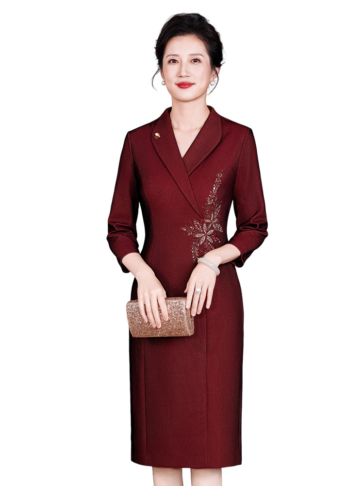Autumn Formal Occasion Banquet Mother's Wear High-End Plus Size 100kg Elegant Mother-In-Law Dress Suit Collar
