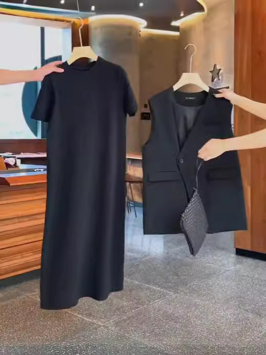 [in stock] plus size Women's Summer Weicang mm suit Horse Clip Slim Knitted Short Sleeve Long Skirt Two-Piece 6025