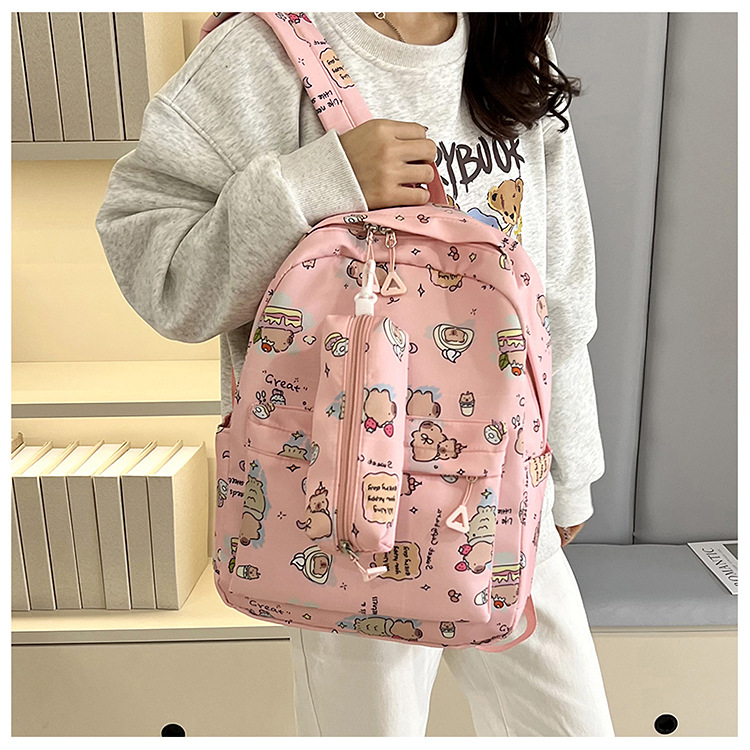 Cute Printed Kapibara Large Capacity School Bag Ultra-Light Nylon High School Junior High School Girl Student Backpack Wholesale