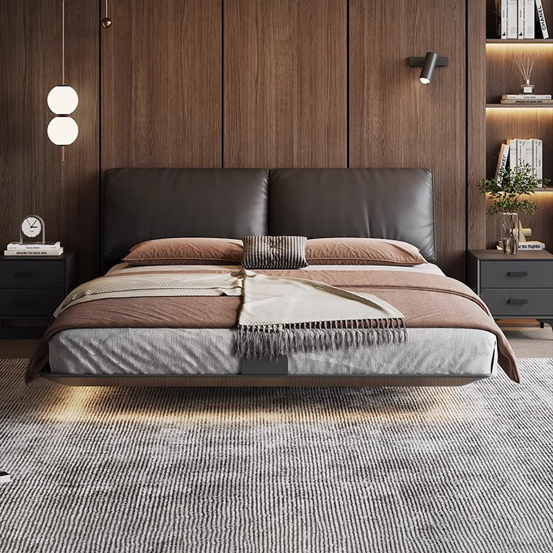 Elephant Ear Steel Frame Suspension Bed Italian Minimalist Leather Bed 1.8 m Master Bedroom Soft Bed Carbon Steel Bed Black