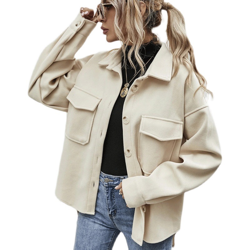 Cross-border Women's European and American New Fashion Solid Color Single-breasted Woolen Coat Casual Coat Lapel Loose Women's Top