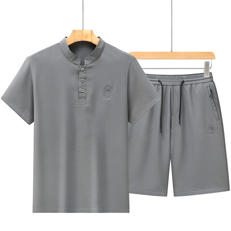 Middle-aged Men's Summer Round Neck Short-sleeved Summer T-shirt Cotton Linen Chinese Style Sports suit Ice Silk