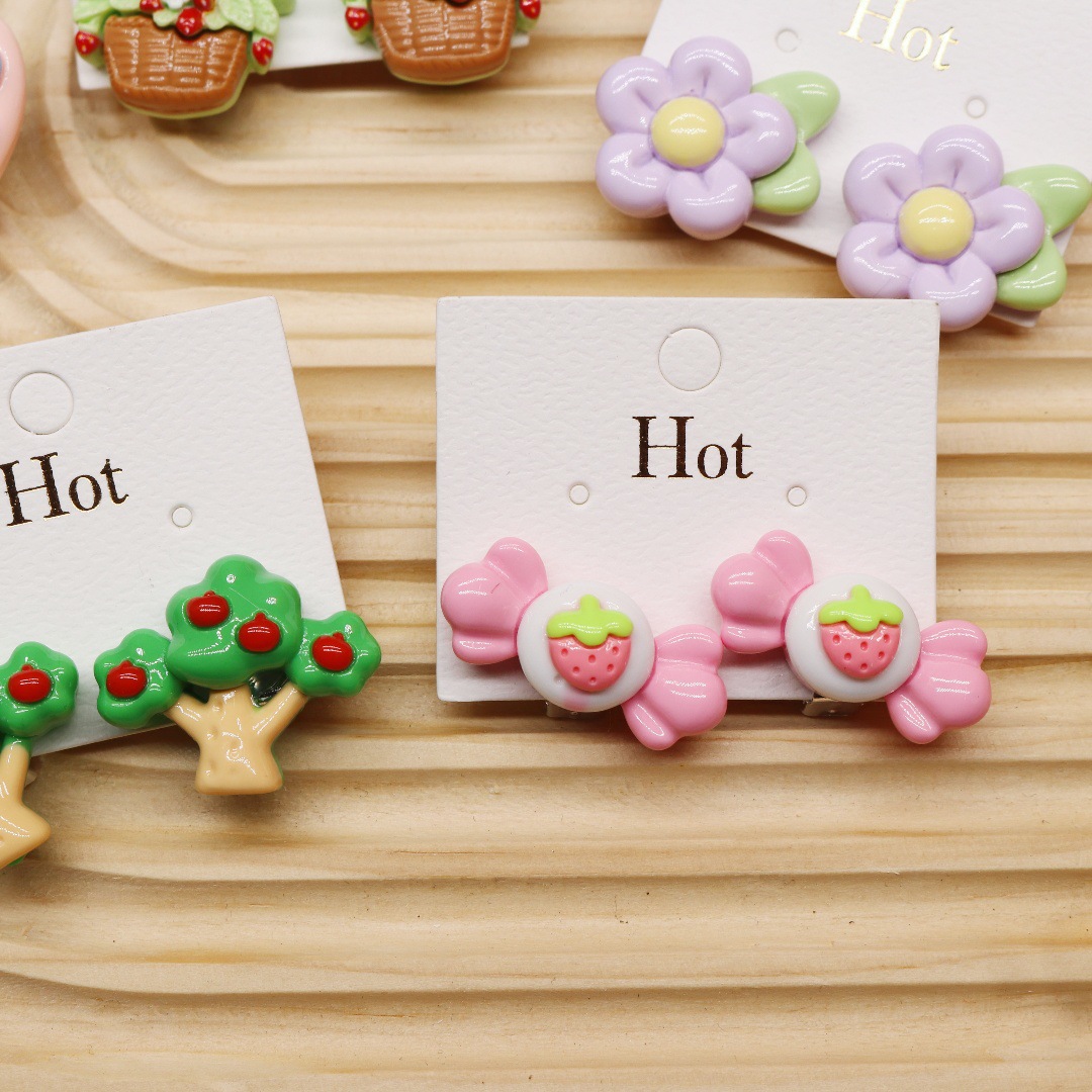 Girls Cute Cartoon No Ear Holes Pain-proof Ear Clips Girls Candy Flowers Apple Tree Resin Fake Earrings Stud Earrings