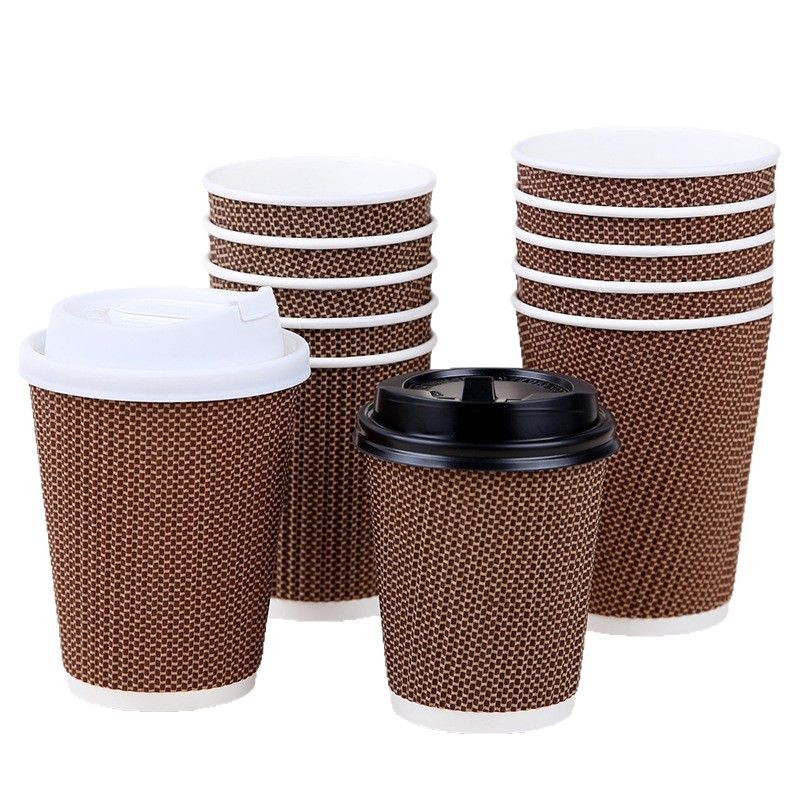 Plaid Hot Drink Cup Disposable Coffee Cup Commercial Anti-Scalding Corrugated Paper Cup with Lid Packaged Milk Tea Full Box 500 Pieces