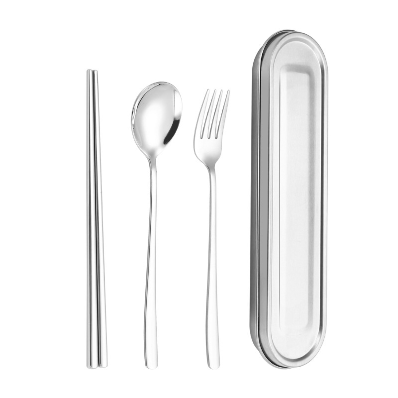 Tableware Box Student Tableware Fork, Spoon and Chopsticks Three-Piece Set 304 Portable 316 Square Box Office Worker Portable Storage Box
