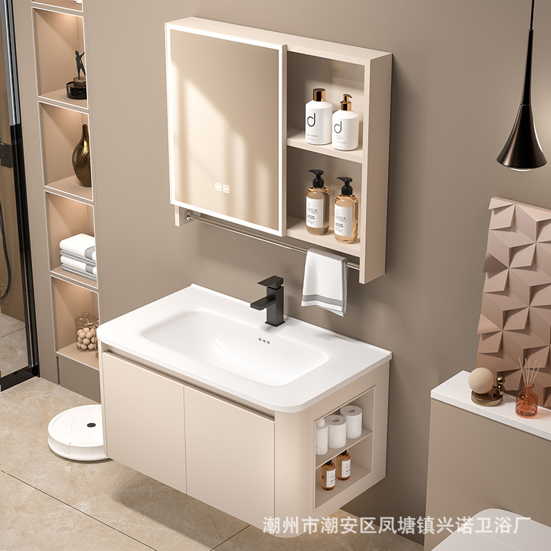 Cream Style Space Aluminum Bathroom Cabinet Washbasin Cabinet Combination Bathroom Ceramic Integrated Washbasin Washbasin Surface