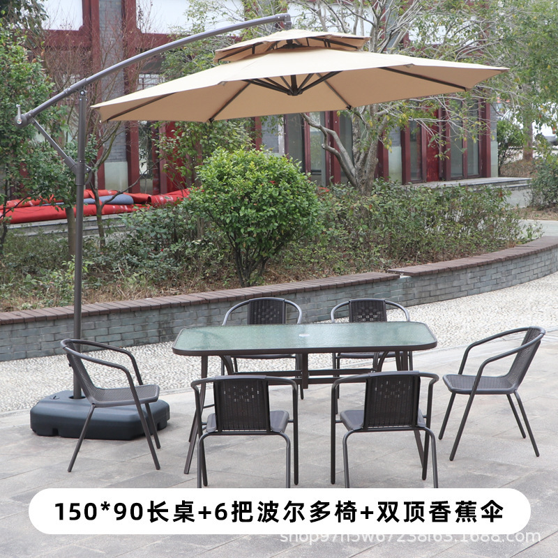 Outdoor Open-Air Table and Chair Set with Umbrella, Courtyard Wrought Iron Garden Leisure Rattan-Like Chair and Table Three-Piece Set
