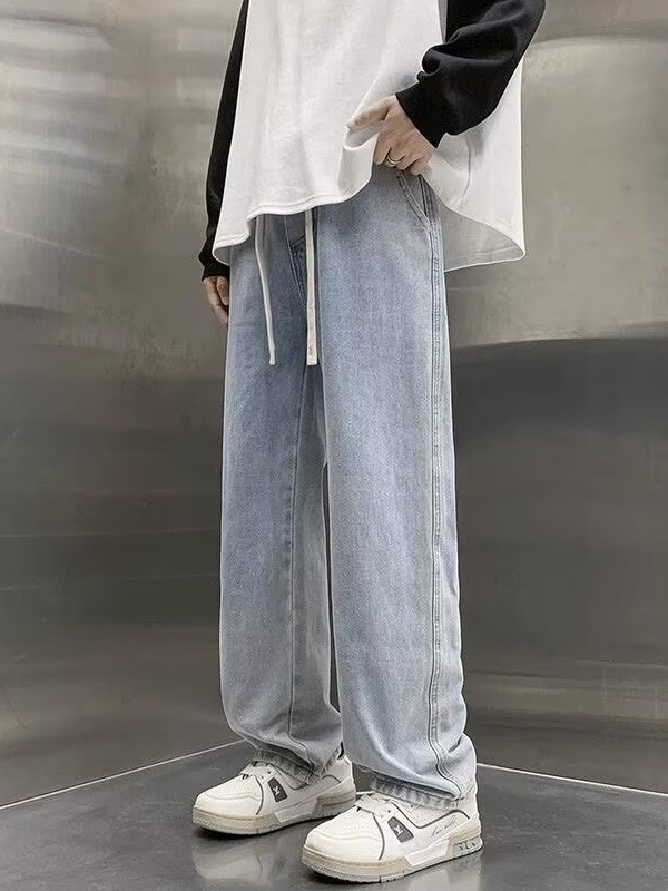 Elasticated Waist Jeans Men's Summer New Loose Straight Wide Leg Trousers Fashionable Brand Retro Casual Pants for Boys