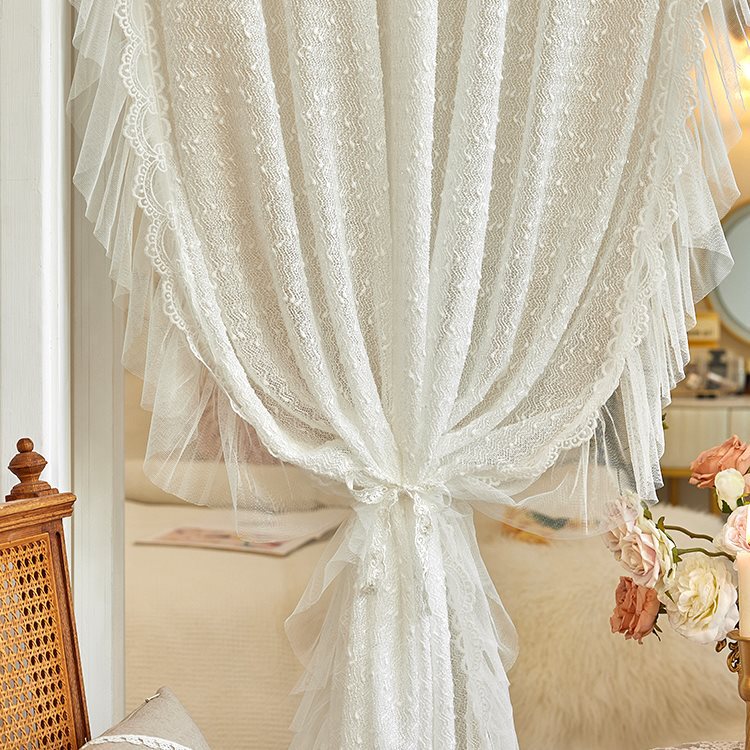 Chanel-Style Solid Color Lace Sheer Curtain, No-Drill Magic Tape Bedroom Bay Window Partition Door Curtain with Rod