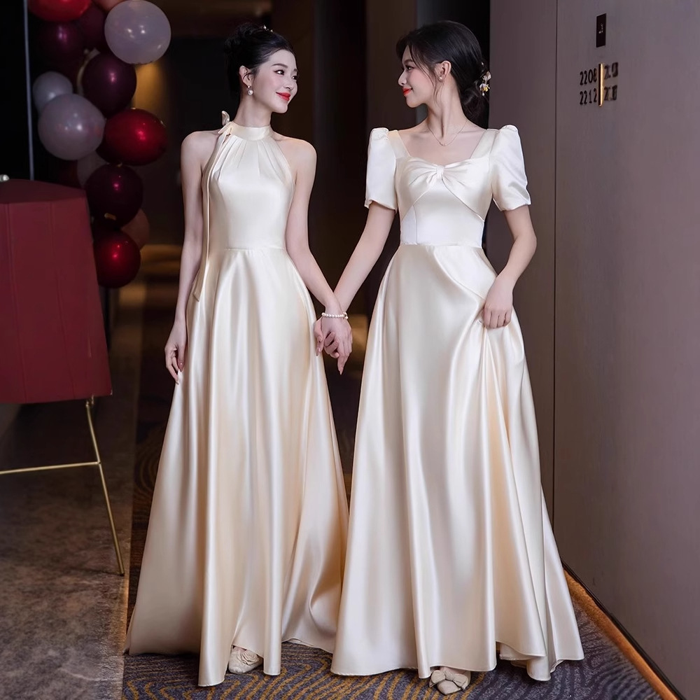 Sister Group High-end Bridesmaid Dress 2025 New Simple Satin Champagne Dress Women's Summer Wear
