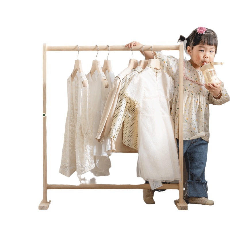 Children's solid wood clothes hanger floor for older children and girls bedroom simple baby clothes hanger kindergarten storage coat rack