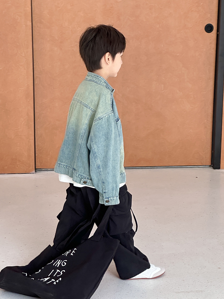 Emo Beibei Children's Port Fashion Handsome Sand Wash Vintage Denim Coat Trendy Casual Short Collar Top for Boys and Girls