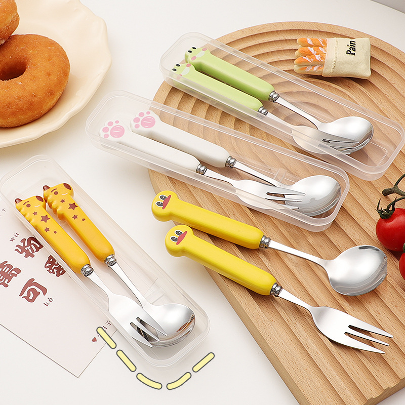 Cute Three-Piece Storage Box Set Spoon Fork Chopsticks Cartoon Stainless Steel Tableware for Children and Students with Good Looks
