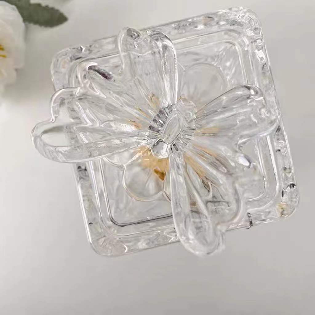 Ins Style Vintage Embossed Glass Candy Jar Jewelry Storage Square Butterfly Candy Coffee Jar Decoration Ornaments