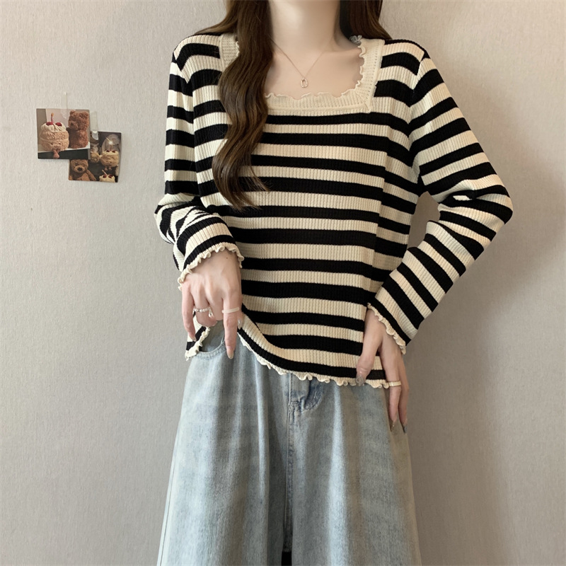 plus size women's clothing 2025 spring and autumn new fat sister square collar striped long sleeve T-shirt belly covered wood ear knitted jacket