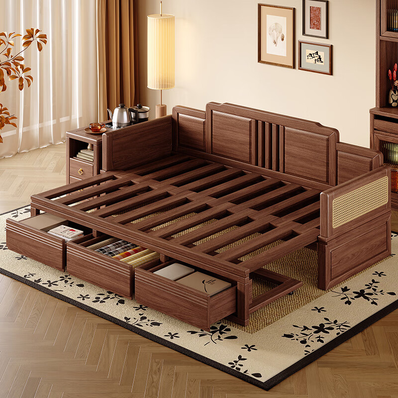 New Chinese-style Solid Wood Lohan Bed with Storage Box Body Modern Simple Antique Zen Living Room Black Walnut Sofa Bed