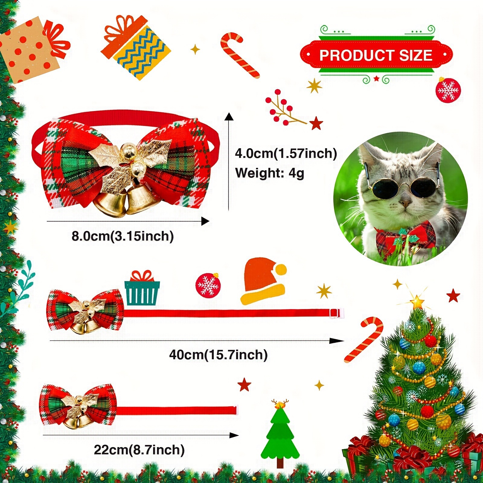 2025 New Cross-Border Dropshipping 8-Piece Pet Christmas Bow Tie with Bell, Christmas Plaid Pet