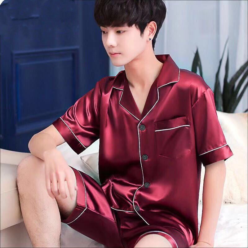 High-End Champagne Ice Silk Pajamas for Men, Summer Thin Cardigan, Short-Sleeved Shorts, Youth Home Clothes Set, Simulated Silk