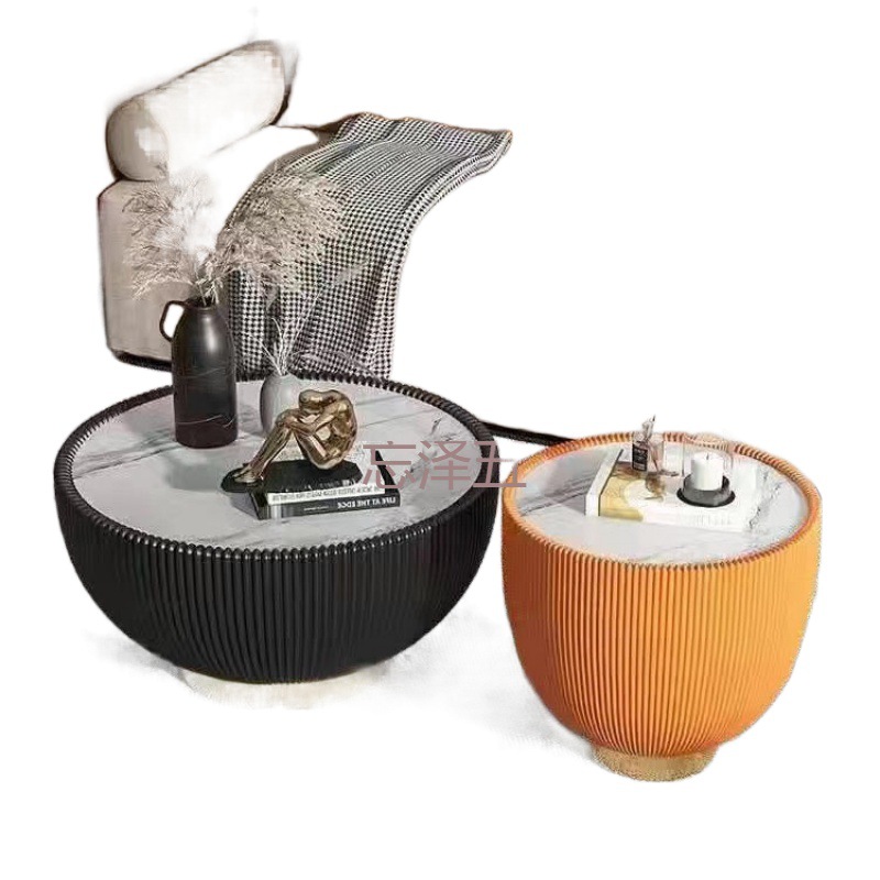 PCGS Nordic Light Luxury Coffee Table Modern Living Room Table Small Apartment Size Combination Round Rock Board Leather Creative Bowl