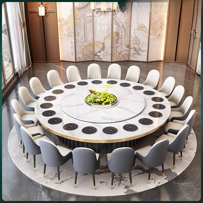 Обеденный стол в итальянском стиле из синтерованного камня на 20 человек с встроенной индукционной плитой 800W, отельный модель