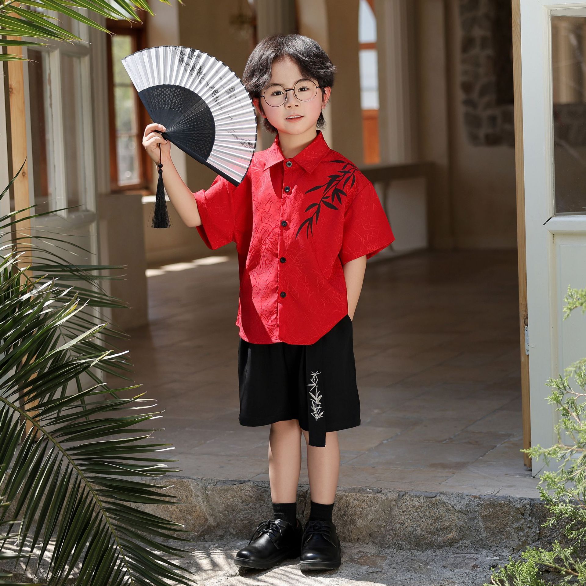 Chinese Style Boys' Jacquard Short-sleeved Shirt Children's Shirt Handsome Dress suit Inner Suit Children's Wear Performance Clothes