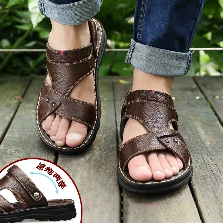 Sandals Men's Casual First Layer Cowhide Beach Shoes Summer New Plaid Dual-Purpose Sandals and Slippers Genuine Leather Versatile Outdoor