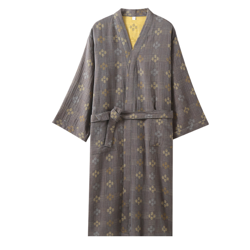 Men's Kimono Nightgown Pure Cotton Yarn-Dyed Jacquard Pajamas Mid-Length Autumn and Winter Large Size Bathrobe Pajamas for Men