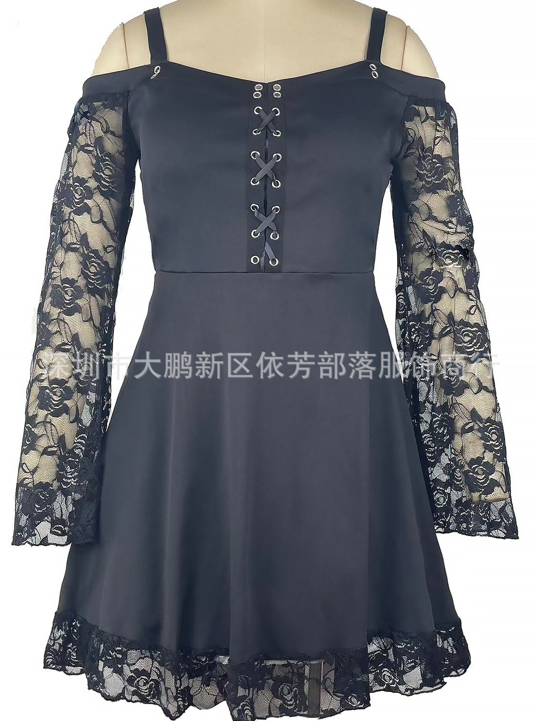 Amazon European and American women's off-neck shoulder strap lace bell sleeve ribbon corns large swing sexy mid-length dress