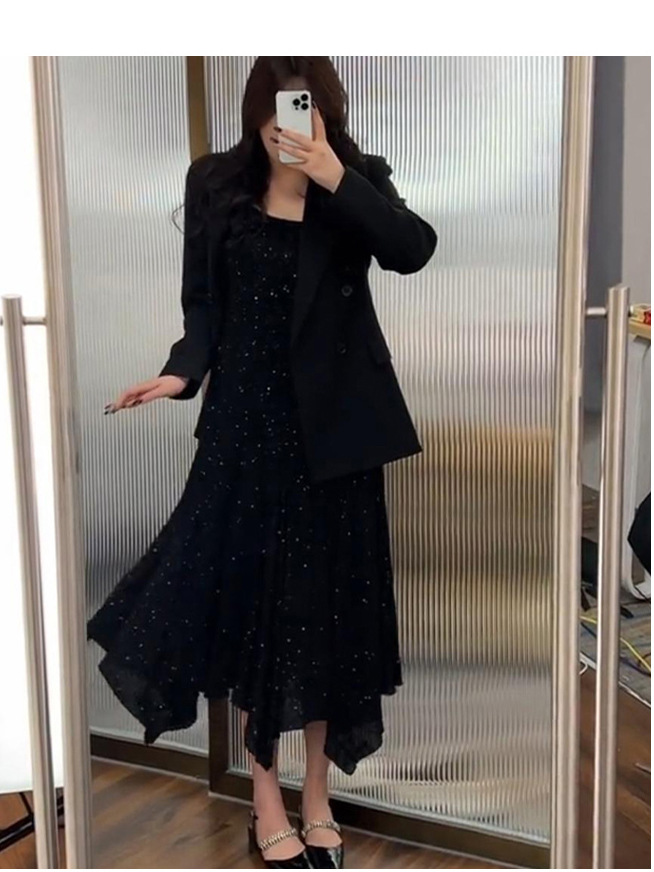 [in stock] plus size women's spring and autumn slightly fat mm suit small suit jacket drilling suspender skirt two-piece 6088